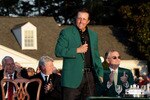 AUGUSTA, GA - APRIL 11:  Phil Mickelson speaks to the gallery as Augusta National Chairman William Porter 'Billy' Payne (R) looks on during the green jacket presentation after the final round of the 2010 Masters Tournament at Augusta National Golf Club on April 11, 2010 in Augusta, Georgia.  (Photo by Harry How/Getty Images)