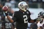 OAKLAND, CA - JANUARY 03:  JaMarcus Russell #2 of the Oakland Raiders in action  against the Baltimore Ravens during an NFL game at Oakland-Alameda County Coliseum on January 3, 2010 in Oakland, California.  (Photo by Jed Jacobsohn/Getty Images)