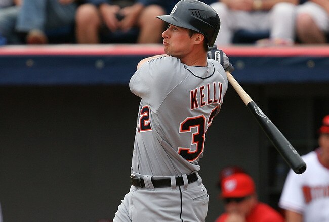 VIERA, FL - MARCH 09:  Third baseman Don Kelly #32 of the Detroit Tigers hits a double against the Washington Nationals at Space Coast Stadium on March 9, 2010 in Viera, Florida.  (Photo by Doug Benc/Getty Images)