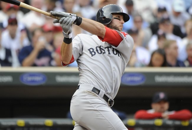 MINNEAPOLIS, MN - APRIL 12: Jeremy Hermida #32 of the Boston Red Sox bats in the third inning against the Minnesota Twins during the Twins home opener at Target Field on April 12, 2010 in Minneapolis, Minnesota. (Photo by Hannah Foslien /Getty Images)
