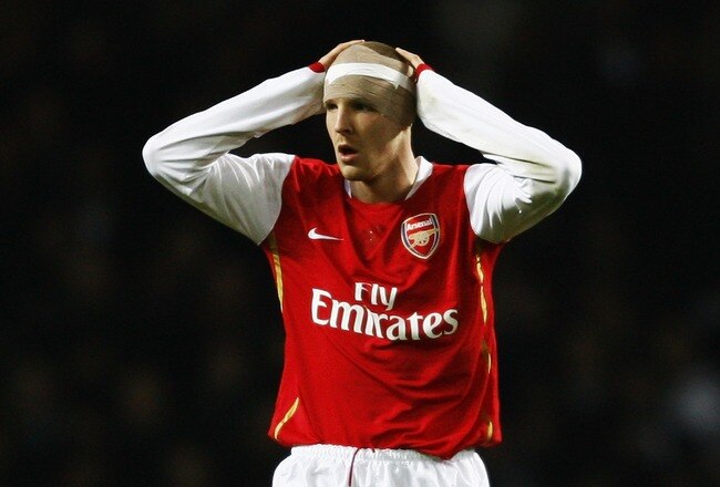 LONDON - JANUARY 31:  Philippe Senderos of Arsenal reacts during the Carling Cup Semi Final Second Leg match between Arsenal and Tottenham Hotspur at the Emirates Stadium on January 31, 2007 in London, England.  (Photo by Shaun Botterill/Getty Images)
