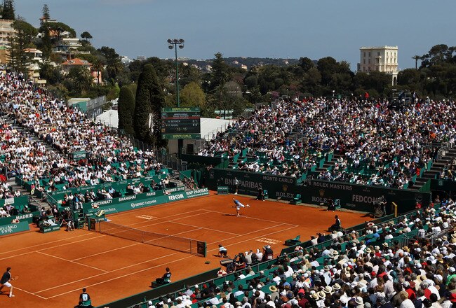 MONACO - APRIL 15:  Rafael Nadal of Spain serves to Michael Berrer of Germany during day four of the ATP Masters Series at the Monte Carlo Country Club on April 15, 2010 in Monte Carlo, Monaco.  (Photo by Julian Finney/Getty Images)