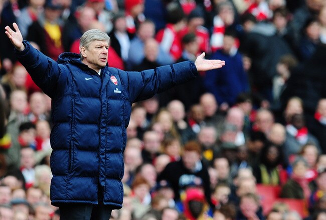 LONDON, ENGLAND - APRIL 03:  Manager of Arsenal, Arsene Wenger gestures during the Barclays Premier League match between Arsenal and Wolverhampton Wanderers at the Emirates Stadium on April 3, 2010 in London, England.  (Photo by Mike Hewitt/Getty Images)