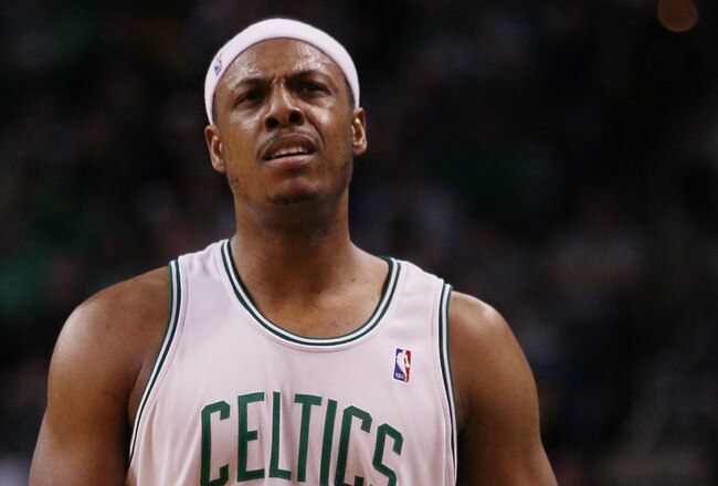 BOSTON - MARCH 31:  Paul Pierce #34 of the Boston Celtics walks to the bench at the end of the first quarter against the Oklahoma City Thunder on March 31, 2010 at the TD Garden in Boston, Massachusetts.  NOTE TO USER: User expressly acknowledges and agrees that, by downloading and or using this photograph, User is consenting to the terms and conditions of the Getty Images License Agreement.  (Photo by Elsa/Getty Images)