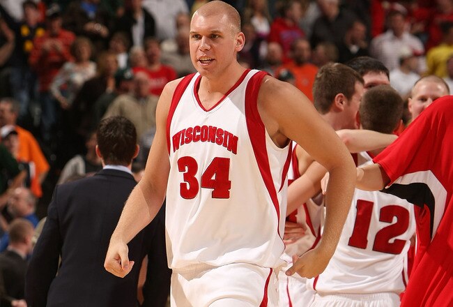 INDIANAPOLIS - MARCH 15:  Greg Stiemsma #34 of the Wisconsin Badgers celebrates his teams 65-63 win against the Michigan State Spartans during their semifinal game on Day 3 of the Big Ten Men's Basketball Tournament at Conseco Fieldhouse on March 15, 2008 in Indianapolis, Indiana.  (Photo by Jonathan Daniel/Getty Images)