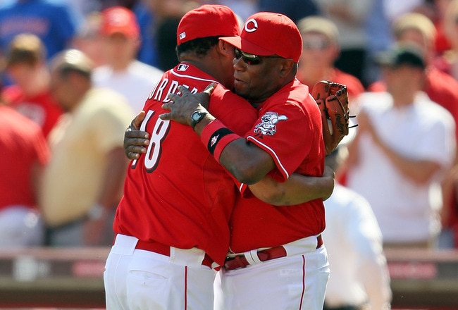 CINCINNATI - APRIL 11: Francisco Cordero #48 hugs Dusty Baker the Manager of the Cincinnati Reds after the Reds beat the Chicago Cubs on April 11, 2010 at Great American Ball Park in Cincinnati, Ohio.  (Photo by Andy Lyons/Getty Images)