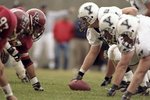 21 Nov 1998:  General view of the Harvard Crimson defensive line (left) lined up against the offensive line of the Yale Bulldogs during the game at the Harvard Stadium in Cambridge, Massachusetts. The Bulldogs defeated the Crimson 9-7. Mandatory Credit: Al Bello  /Allsport