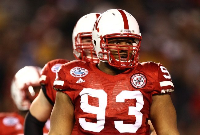 SAN DIEGO - DECEMBER 30:  Ndamukong Suh #93 of the University of Nebraska Cornhuskers looks on during the Pacific Life Holiday Bowl against University of Arizona Wildcats on December 30, 2009 at Qualcomm Stadium in San Diego, California. The Cornhuskers defeated the Wildcats 33-0. (Photo By Donald Miralle/Getty Images)