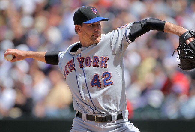 DENVER - APRIL 15:  Starting pitcher Mike Pelfrey #42 of the New York Mets delivers against the Colorado Rockies at Coors Field on April 15, 2010 in Denver, Colorado. All the players in MLB wore #42 today in honor of Jackie Robinson Day.  (Photo by Doug Pensinger/Getty Images)