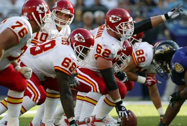 BALTIMORE - SEPTEMBER 28:  Casey Wieghann #62 of the Kansas City Chiefs signals before he snaps the ball to Trent Green #10 during a game against the Baltimore Ravens on September 28, 2003 at the M&T Bank Stadium in Baltimore, Maryland. The Chiefs defeated the Ravens 17-10. (Photo by Doug Pensinger/Getty Images)