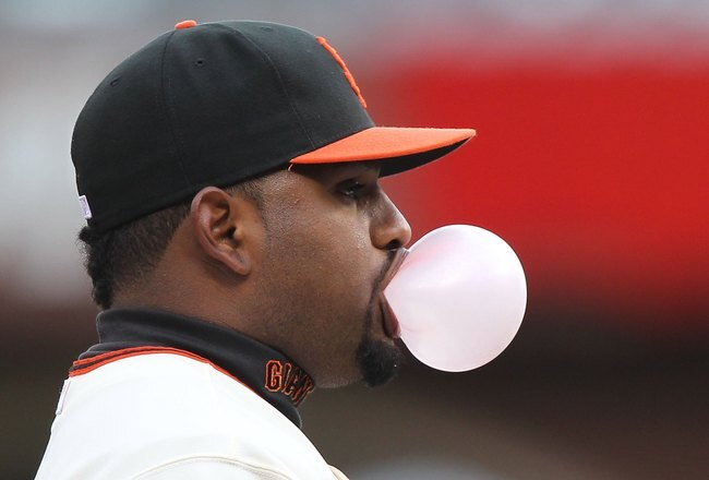 SAN FRANCISCO - APRIL 11:  Pablo Sandoval #48 of the San Francisco Giants blows a bubble against the Atlanta Braves during an MLB game at AT&T Park on April 11, 2010 in San Francisco, California.  (Photo by Jed Jacobsohn/Getty Images)