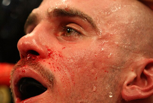 LAS VEGAS - FEBRUARY 16:  Kelly Pavlik sits in his corner against Jermain Taylor during their middlleweight fight at the MGM Grand Garden Arena on February 16, 2008 in Las Vegas, Nevada.  (Photo by Jed Jacobsohn/Getty Images)