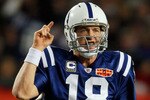 MIAMI GARDENS, FL - FEBRUARY 07: Peyton Manning #18 of the Indianapolis Colts reacts after a play against the New Orleans Saints during Super Bowl XLIV on February 7, 2010 at Sun Life Stadium in Miami Gardens, Florida.  (Photo by Donald Miralle/Getty Images)