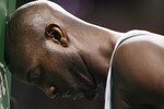 BOSTON - MARCH 31:  Kevin Garnett #5 of the Boston Celtics goes through his pregame ritual before the opening tipoff against the Oklahoma City Thunder on March 31, 2010 at the TD Garden in Boston, Massachusetts.  NOTE TO USER: User expressly acknowledges and agrees that, by downloading and or using this photograph, User is consenting to the terms and conditions of the Getty Images License Agreement.  (Photo by Elsa/Getty Images)