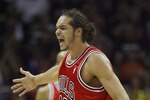 CLEVELAND - APRIL 17:  Joakim Noah #13 of the Chicago Bulls reacts after a foul call while playing the Cleveland Cavaliers in Game One of the Eastern Conference Quarterfinals during the 2010 NBA Playoffs at Quicken Loans Arena on April 17, 2010 in Cleveland, Ohio. Cleveland won the game 96-83 to take a 1-0 series lead. NOTE TO USER: User expressly acknowledges and agrees that, by downloading and or using this photograph, User is consenting to the terms and conditions of the Getty Images License Agreement.  (Photo by Gregory Shamus/Getty Images)
