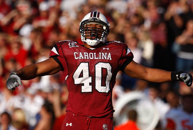 COLUMBIA, SC - NOVEMBER 28:  Eric Norwood #40 of the South Carolina Gamecocks celebrates a second half play against the Clemson Tigers at Williams-Brice Stadium on November 28, 2009 in Columbia, South Carolina.  (Photo by Scott Halleran/Getty Images)
