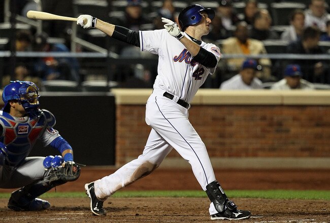 NEW YORK - APRIL 19:  Ike Davis #29 of the New York Mets pops out in the fifth inning against the Chicago Cubs on April 19, 2010 at Citi Field in the Flushing neighborhood of the Queens borough of New York City. Players from both teams are wearing #42 in honor of former player Jackie Robinson.  (Photo by Jim McIsaac/Getty Images)