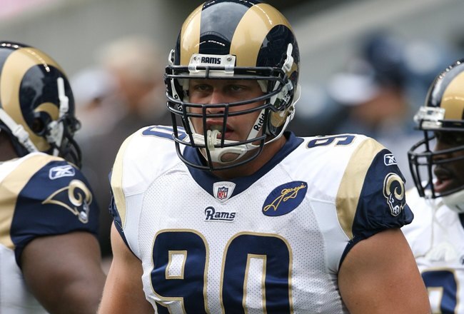 SEATTLE - SEPTEMBER 21:  Adam Carriker #90 of the St. Louis Rams looks on before the game against the Seattle Seahawks on September 21, 2008 at Qwest Field in Seattle, Washington. (Photo by Otto Greule Jr/Getty Images) 