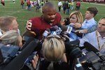LANDOVER, MD - NOVEMBER 15:  Albert Haynesworth #92 of the Washington Redskins speaks with reporters afetr the game against the Denver Broncos at FedExField on November 15, 2009 in Landover, Maryland. The Redskins won 27-17. (Photo by Larry French/Getty Images)