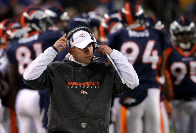 DENVER - JANUARY 03: Head coach Josh McDaniels of the Denver Broncos leads his team against the Kansas City Chiefs at Invesco Field at Mile High on January 3, 2010 in Denver, Colorado. (Photo by Doug Pensinger/Getty Images)