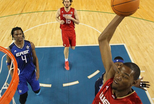 ARLINGTON, TX - FEBRUARY 14:  Kevin Durant #35 of the Western Conference shoots against the Eastern Conference during the first half of the NBA All-Star Game, part of 2010 NBA All-Star Weekend at Cowboys Stadium on February 14, 2010 in Arlington, Texas. NOTE TO USER: User expressly acknowledges and agrees that, by downloading and or using this photograph, User is consenting to the terms and conditions of the Getty Images License Agreement.  (Photo by Jed Jacobsohn/Getty Images)