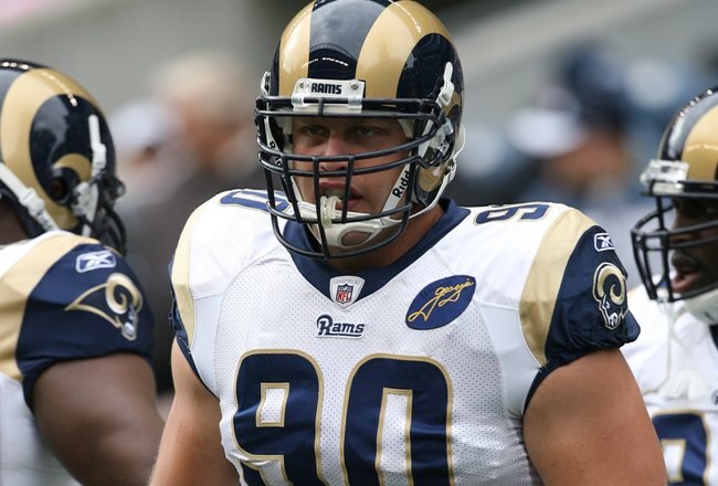 SEATTLE - SEPTEMBER 21:  Adam Carriker #90 of the St. Louis Rams looks on before the game against the Seattle Seahawks on September 21, 2008 at Qwest Field in Seattle, Washington. (Photo by Otto Greule Jr/Getty Images) 