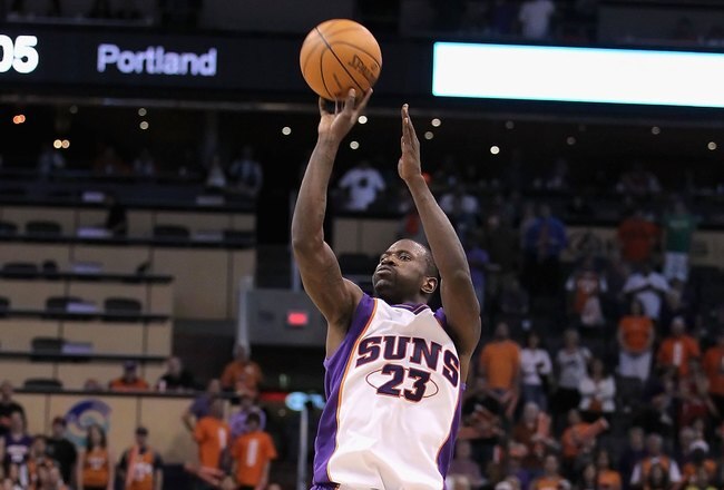 PHOENIX - APRIL 18:  Jason Richardson #23 of the Phoenix Suns puts up a shot against the Portland Trail Blazers during Game One of the Western Conference Quarterfinals of the 2010 NBA Playoffs at US Airways Center on April 18, 2010 in Phoenix, Arizona.  The Trail Blazers defeated the Suns 105-100 to take a 1-0 series lead.  NOTE TO USER: User expressly acknowledges and agrees that, by downloading and or using this photograph, User is consenting to the terms and conditions of the Getty Images License Agreement.  (Photo by Christian Petersen/Getty Images)
