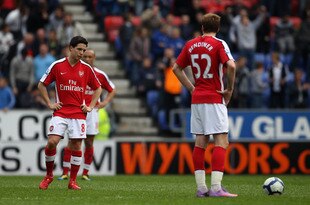 WIGAN, ENGLAND - APRIL 18:  Samir Nasri of Arsenal looks dejected during the Barclays Premier League match between Wigan Athletic and Arsenal at the DW Stadium on April 18, 2010 in Wigan, England.  (Photo by Alex Livesey/Getty Images)