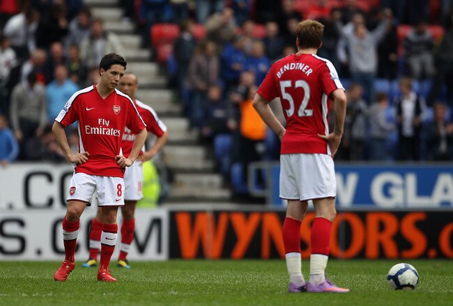 WIGAN, ENGLAND - APRIL 18:  Samir Nasri of Arsenal looks dejected during the Barclays Premier League match between Wigan Athletic and Arsenal at the DW Stadium on April 18, 2010 in Wigan, England.  (Photo by Alex Livesey/Getty Images)