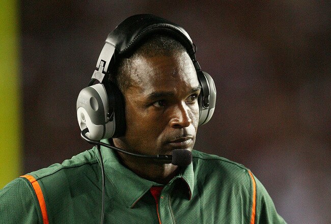 TALLAHASSEE, FL - SEPTEMBER 07:  Head coach Randy Shannon of the Miami Hurricanes watches his team take on the Florida State Seminoles at Doak Campbell Stadium on September 7, 2009 in Tallahassee, Florida. Miami defeated Florida State 38-34.  (Photo by Doug Benc/Getty Images)