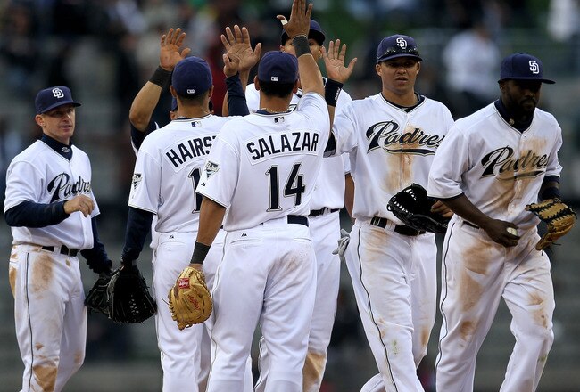 SAN DIEGO - APRIL 12:    The San Diego Padres celebrate after the game with the Atlanta Braves on April 12, 2010 at Petco Park in San Diego, California.  The Padres won 17-2.  (Photo by Stephen Dunn/Getty Images)