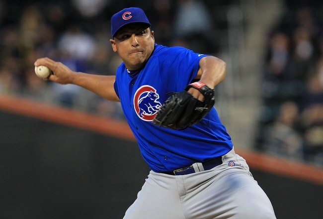 NEW YORK - APRIL 20:  Carlos Zambrano #38 of the Chicago Cubs pitches against the New York Met on April 20, 2010 at Citi Field in the Flushing neighborhood of the Queens borough of New York City.  (Photo by Chris McGrath/Getty Images)