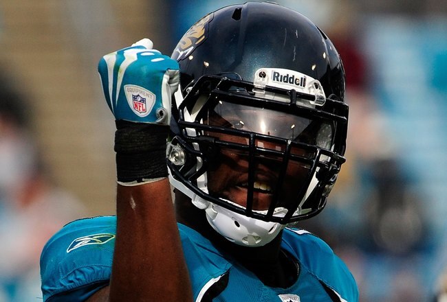 JACKSONVILLE, FL - DECEMBER 06:  Quentin Groves #54 of the Jacksonville Jaguars celebrates after a defensive play during the game against the Houston Texans at Jacksonville Municipal Stadium on December 6, 2009 in Jacksonville, Florida.  (Photo by Sam Greenwood/Getty Images)