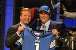 NEW YORK - APRIL 25:  NFL Commissioner Roger Goodell stands with Detroit Lions #1 draft pick Matthew Stafford at  Radio City Music Hall for the 2009 NFL Draft on April 25, 2009 in New York City  (Photo by Jeff Zelevansky/Getty Images)