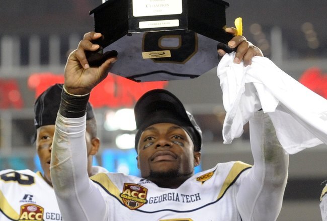 TAMPA, FL - NOVEMBER 28: Quarterback Josh Nesbitt #9 of the Georgia Tech Yellow Jackets celebrates a victory against the Clemson Tigers in the 2009 ACC Football Championship Game December 5, 2009 at Raymond James Stadium in Tampa, Florida.  (Photo by Al Messerschmidt/Getty Images) 