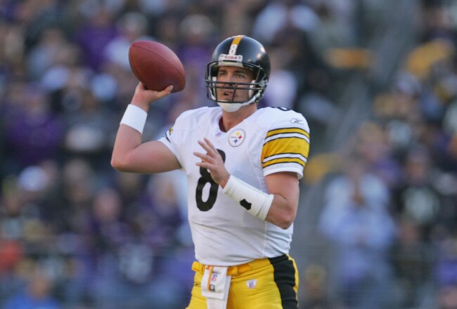 BALTIMORE - NOVEMBER 20:  Quarterback Tommy Maddox #8 of the Pittsburgh Steelers passes the ball during the game against the Baltimore Ravens on November 20, 2005 at M&T Bank Stadium in Baltimore, Maryland. (Photo by:Jamie Squire/Getty Images)