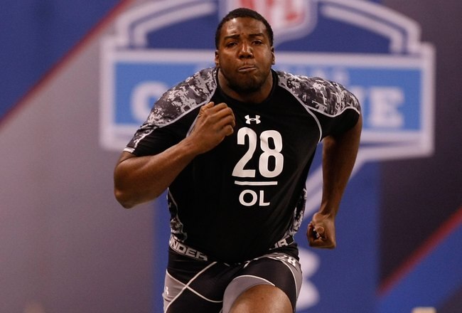 INDIANAPOLIS, IN - FEBRUARY 27: Offensive lineman Russell Okung of Oklahoma State runs the 40 yard dash during the NFL Scouting Combine presented by Under Armour at Lucas Oil Stadium on February 27, 2010 in Indianapolis, Indiana. (Photo by Scott Boehm/Getty Images)