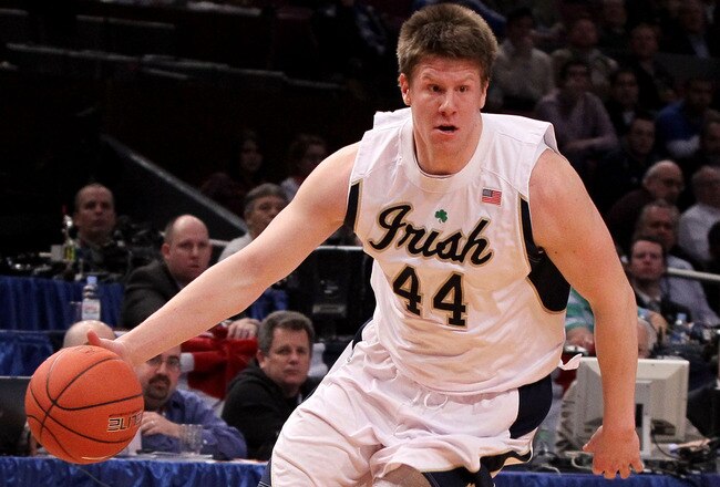 NEW YORK - MARCH 10: Luke Harangody #44 of the Notre Dame Fighting Irish handles the ball against the Seton Hall Pirates during the second round of 2010 NCAA Big East Tournament at Madison Square Garden on March 10, 2010 in New York City.  (Photo by Jim McIsaac/Getty Images)