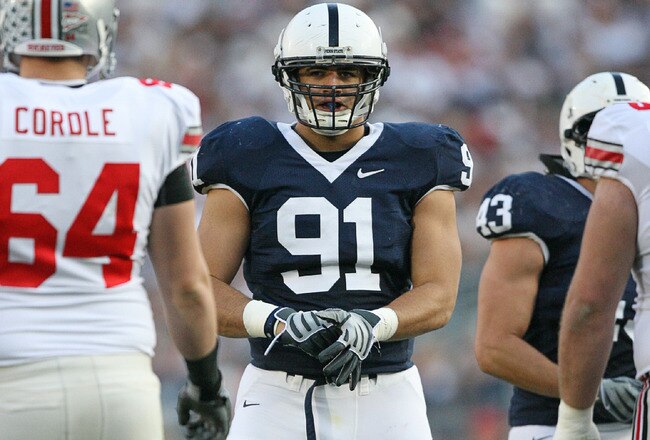 STATE COLLEGE, PA - NOVEMBER 7: Defensive tackle Jared Odrick #91 of the Penn State Nittany Lions lines up in position during a game against the Ohio State Buckeyes on November 7, 2009 at Beaver Stadium in State College, Pennsylvania. Ohio State won 24-7. (Photo by Hunter Martin/Getty Images)