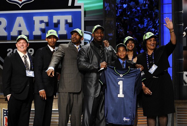 NEW YORK - APRIL 25:  Seattle Seahawks draft pick Aaron Curry poses with his family at Radio City Music Hall for the 2009 NFL Draft on April 25, 2009 in New York City  (Photo by Jeff Zelevansky/Getty Images)