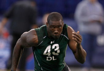 INDIANAPOLIS, IN - MARCH 1: Defensive lineman Jason Pierre-Paul of South Florida runs in drills during the NFL Scouting Combine presented by Under Armour at Lucas Oil Stadium on March 1, 2010 in Indianapolis, Indiana. (Photo by Scott Boehm/Getty Images)