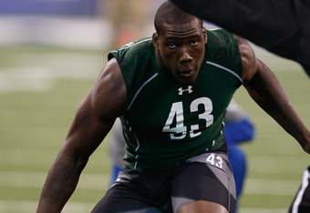 INDIANAPOLIS, IN - MARCH 1: Defensive lineman Jason Pierre-Paul of South Florida runs drills as he looks to a coach for direction during the NFL Scouting Combine presented by Under Armour at Lucas Oil Stadium on March 1, 2010 in Indianapolis, Indiana. (Photo by Scott Boehm/Getty Images)