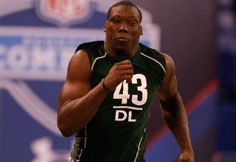 INDIANAPOLIS, IN - MARCH 1: Defensive lineman Jason Pierre Paul of South Florida runs the 40 yard dash during the NFL Scouting Combine presented by Under Armour at Lucas Oil Stadium on March 1, 2010 in Indianapolis, Indiana. (Photo by Scott Boehm/Getty Images)