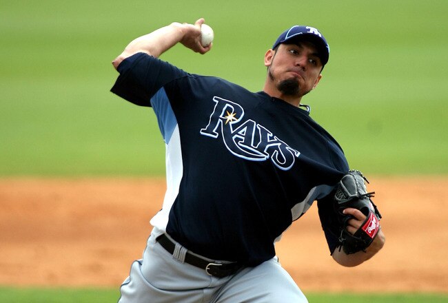 SARASOTA, FL - MARCH 03:  Pitcher Matt Garza #22 of the Tampa Bay Rays throws against the Baltimore Orioles at Ed Smith Stadium on March 3, 2010 in Sarasota, Florida.  (Photo by Marc Serota/Getty Images)