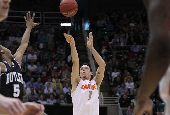 SALT LAKE CITY - MARCH 25:  Andy Rautins #1 of the Syracuse Orange in action against the Butler Bulldogs during the west regional semifinal of the 2010 NCAA men's basketball tournament at the Energy Solutions Arena on March 25, 2010 in Salt Lake City, Utah.  (Photo by Jed Jacobsohn/Getty Images)