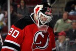 NEWARK, NJ - APRIL 22:  Martin Brodeur #30 of the New Jersey Devils looks on against the Philadelphia Flyers in Game 5 of the Eastern Conference Quarterfinals during the 2010 NHL Stanley Cup Playoffs at the Prudential Center at on April 22, 2010 in Newark, New Jersey.  (Photo by Jim McIsaac/Getty Images)