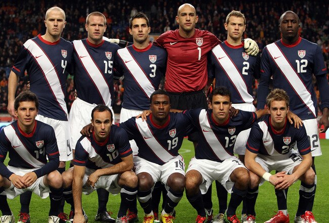 AMSTERDAM, NETHERLANDS - MARCH 03:  The USA team line up during the International Friendly between Netherlands and USA at the Amsterdam Arena on March 3, 2010 in Amsterdam, Netherlands.  (Photo by Ian Walton/Getty Images)