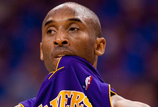 OKLAHOMA CITY - APRIL 22: Kobe Bryant #24 of the Los Angeles Lakers reactes to a foul call against the Oklahoma City Thunder during Game Three of the Western Conference Quarterfinals of the 2010 NBA Playoffs on April 22, 2010 at the Ford Center in Oklahoma City, Oklahoma.  The Thunder beat the Lakers 101-96.  NOTE TO USER: User expressly acknowledges and agrees that, by downloading and or using this photograph, User is consenting to the terms and conditions of the Getty Images License Agreement.  (Photo by Dilip Vishwanat/Getty Images)