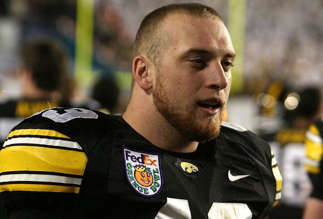 MIAMI GARDENS, FL - JANUARY 05:  Linebacker Pat Angerer #43 of the Iowa Hawkeyes looks on against the Georgia Tech Yellow Jackets during the FedEx Orange Bowl at Land Shark Stadium on January 5, 2010 in Miami Gardens, Florida.  (Photo by Doug Benc/Getty Images)