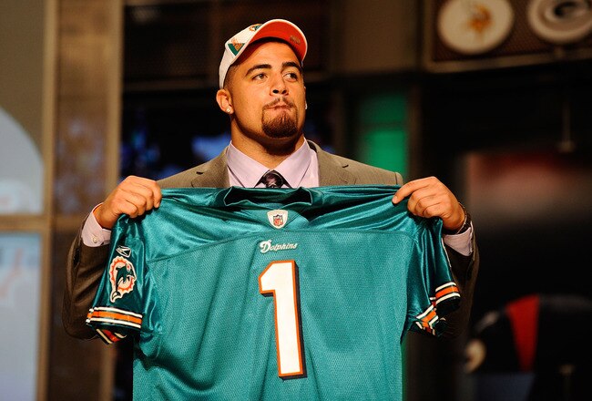 NEW YORK - APRIL 22:  Jared Odrick from Penn State holds up a Miami Dolphins jersey after the Dolphins selected Odrick number 28 overall during the first round of the 2010 NFL Draft at Radio City Music Hall on April 22, 2010 in New York City.  (Photo by Jeff Zelevansky/Getty Images)